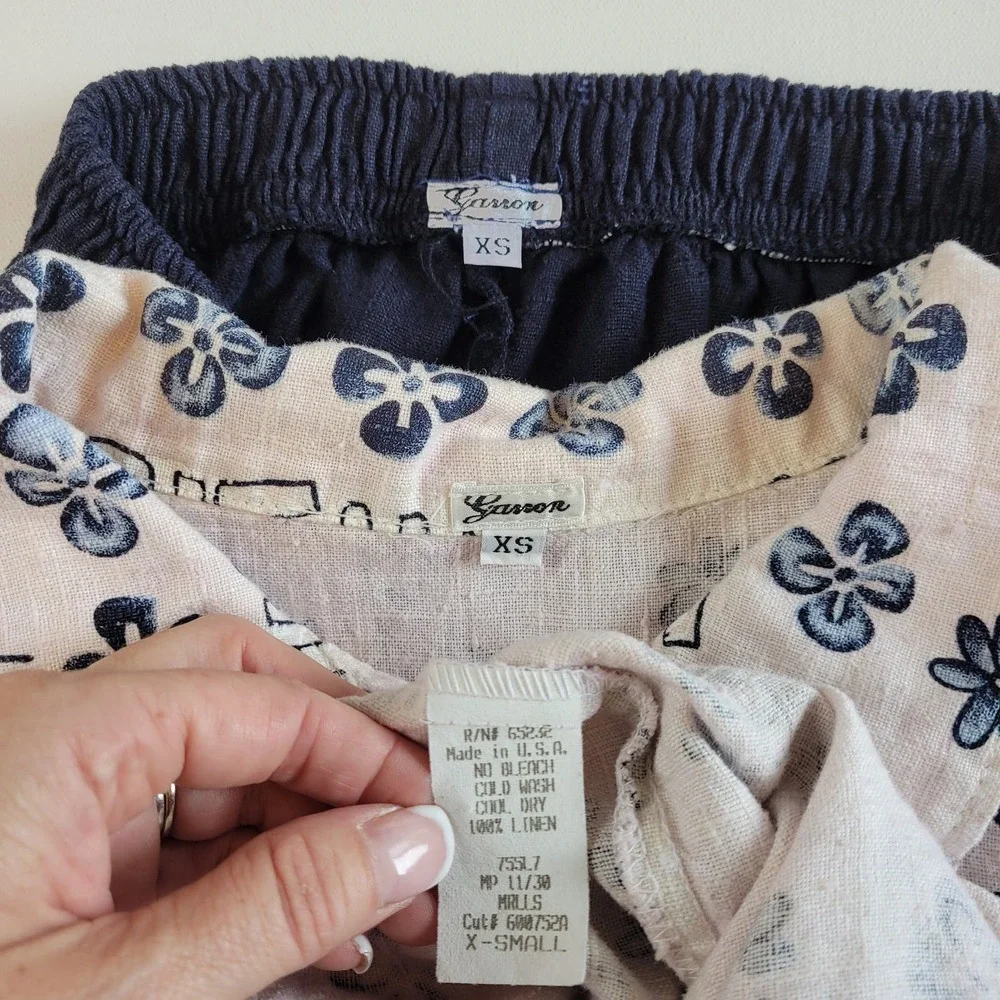 Garson Linen Pant Suit Set Size XS Blue and Cream Elastic Waist Button Top VTG - Picture 13 of 13